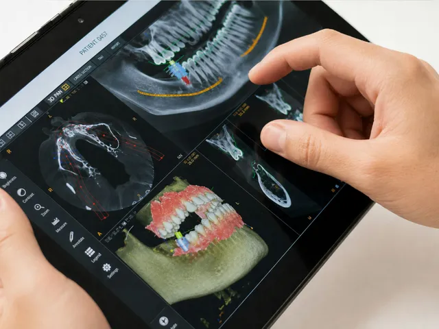 Mãos analisando a imagem 3D de uma arcada num tablet